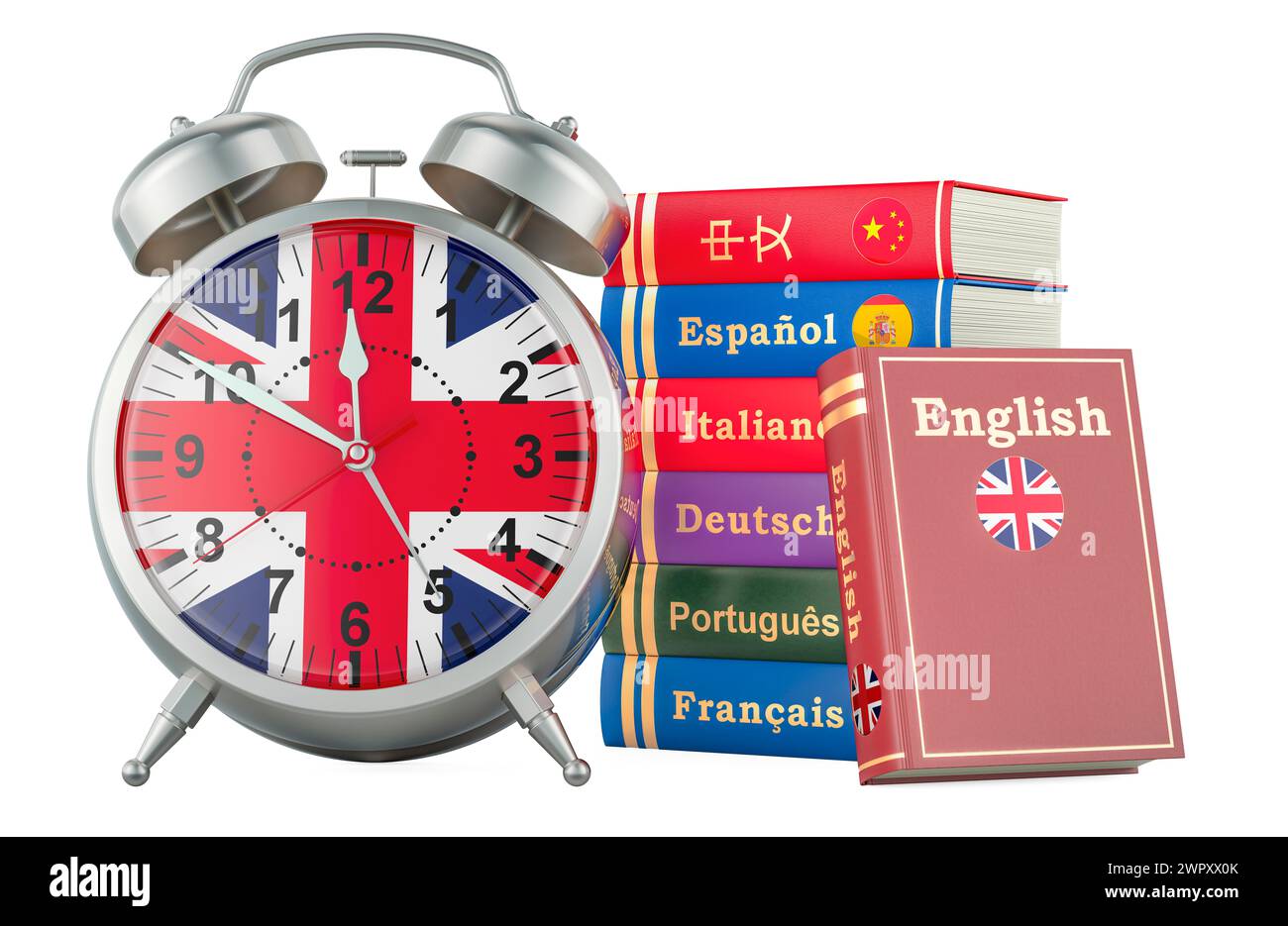 Cours d'anglais, concept de leçons. Livres avec réveil. Il est temps d'apprendre la langue anglaise, rendu 3D isolé sur fond blanc Banque D'Images