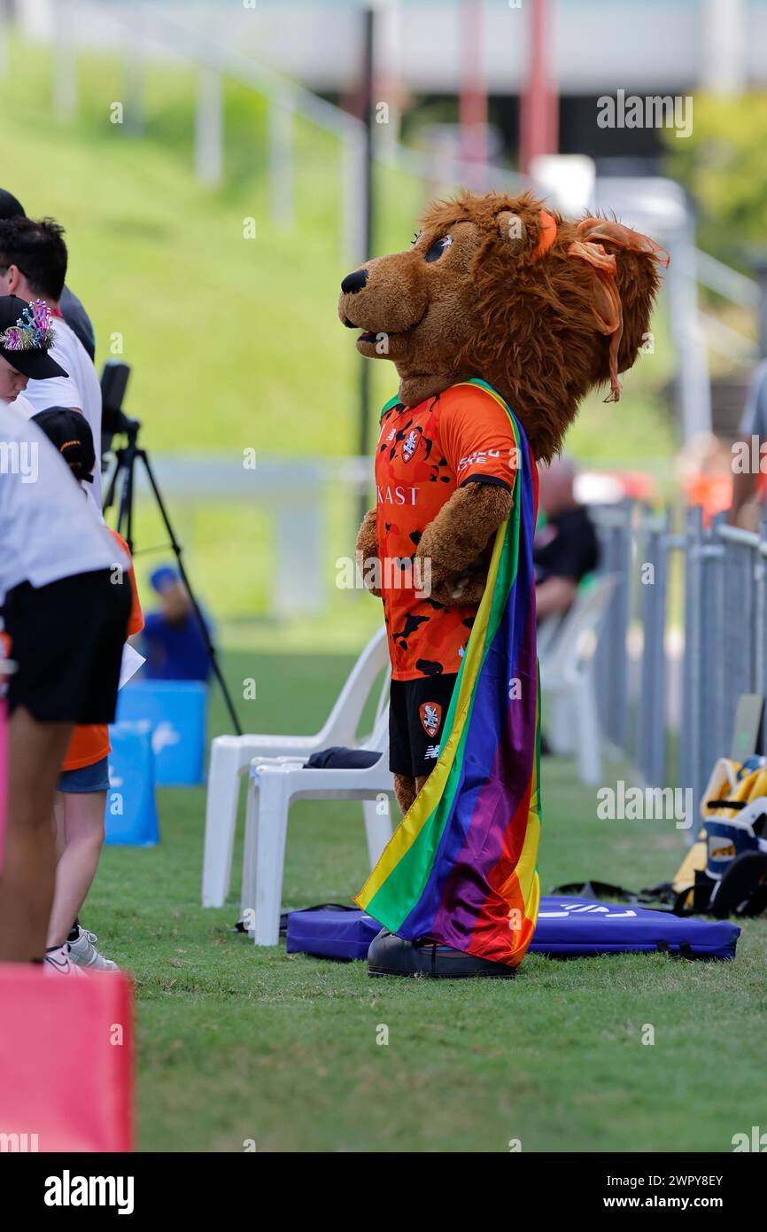 Brisbane, Australie, le 9 mars 2024.la mascotte du club de Brisbane se joint à l'Australian Professional Leagues (APL) dans la poursuite de ses célébrations de fierté lors du match de Liberty A League entre Brisbane Roar et Central Coast Mariners FC au stade Ballymore : crédit : Matthew Starling / Alamy Live News Banque D'Images