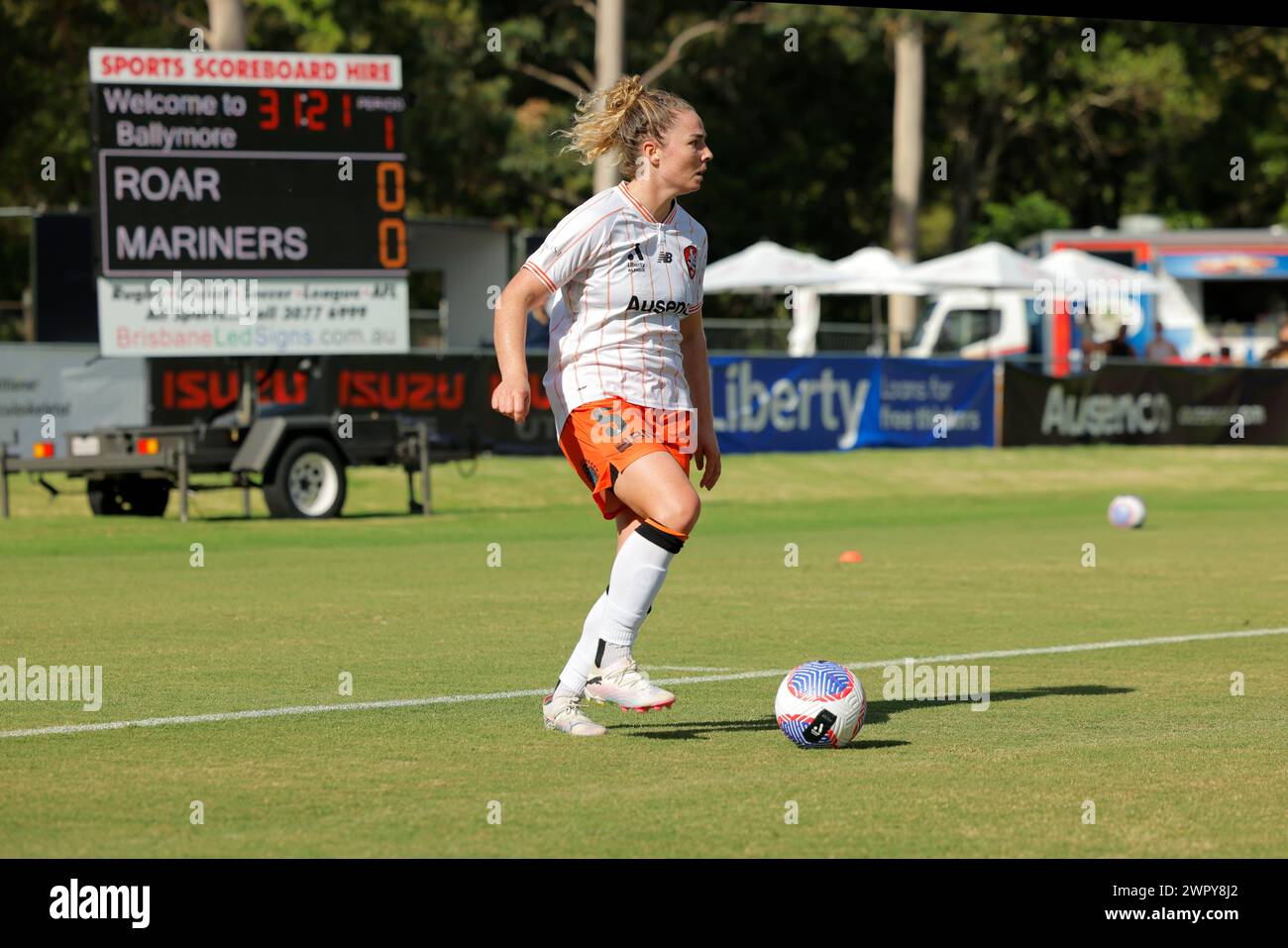 Brisbane, Australie, 9 mars 2024. Jenna McCormick (5 Brisbane) en action lors du match de Liberty A League entre Brisbane Roar et Central Coast Mariners FC au Ballymore Stadium : crédit : Matthew Starling / Alamy Live News Banque D'Images