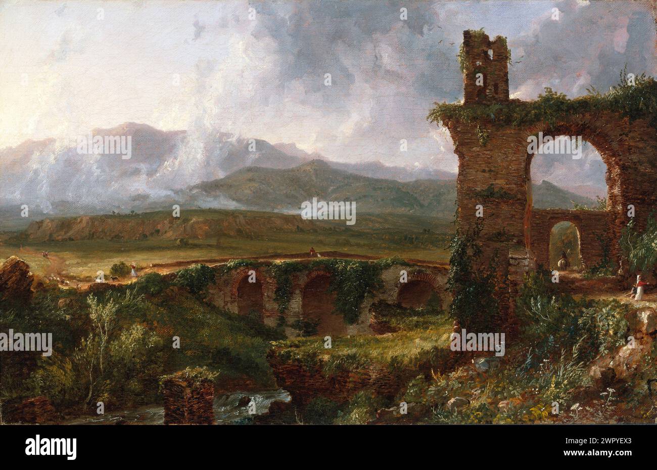 Peinture à l'huile de l'artiste américain Thomas Cole, fondateur de l'Hudson River School of Art, A View Near Tivoli (matin) CA. 1832 Banque D'Images