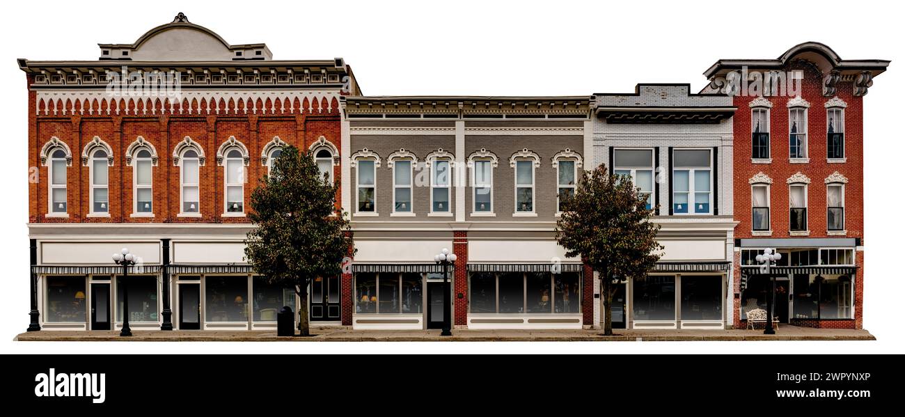 Façade de devanture de magasin de style tournant du siècle isolée sur un fond blanc. Digital 'Brick & Mortar magasin dans un cadre de la place de la ville sur main Street USA. Banque D'Images