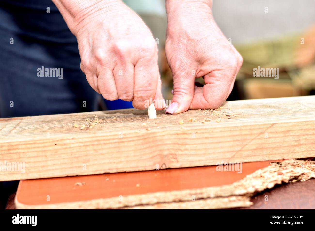 Une cheville en bois de meuble est insérée dans le trou pratiqué dans la planche. Banque D'Images