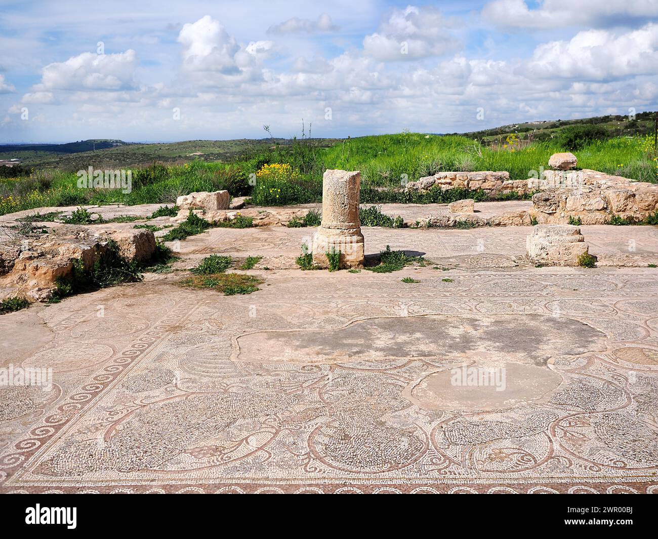 Mosaïque dans les ruines d'une église de la période byzantine. Israël. Beit Loya. Banque D'Images