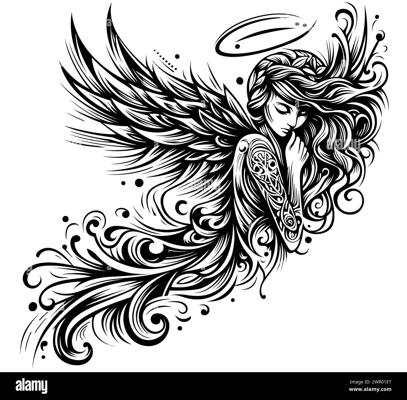 Dessin d'un ange de fille avec de longs cheveux dans le vent Illustration de Vecteur