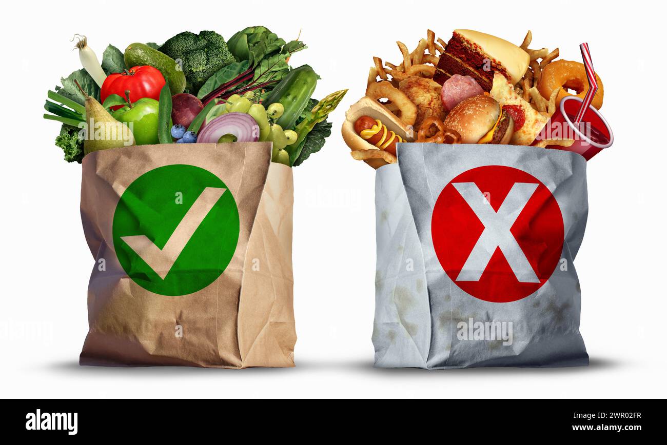 Choix alimentaires sains et malsains comme une décision de style de vie entre acheter des fruits et légumes nutritifs ou de la malbouffe comme gras élevé de cholestérol sna Banque D'Images