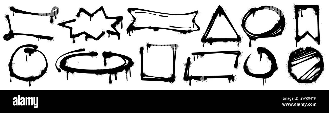 Ensemble vectoriel de cadres de peinture en aérosol en forme de cercle, ovale, carrée, rectangulaire et triangle avec des gouttes et des éclaboussures. Graffiti Street art bordures noires et ronds d'encre isolés sur fond blanc. Illustration de Vecteur