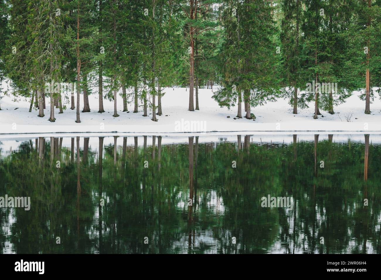 La beauté hivernale s'estompe dans les reflets, Norvège. Banque D'Images