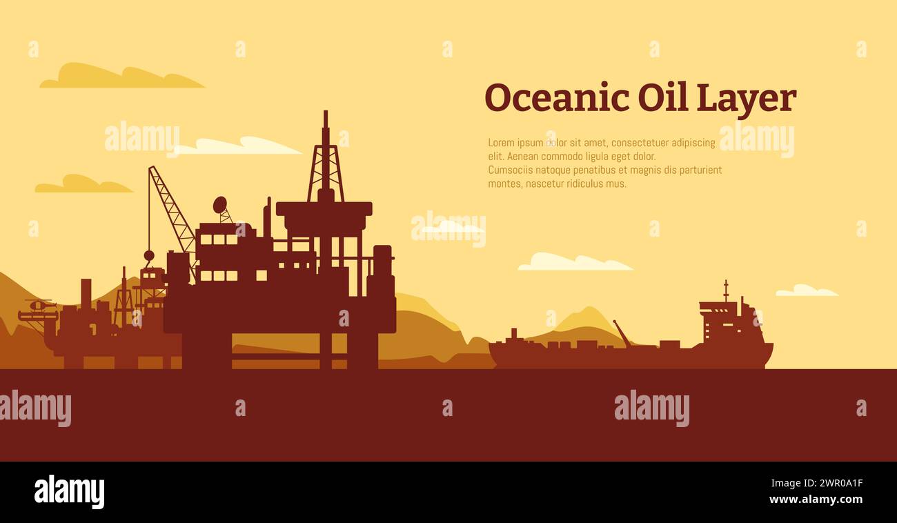Fond de plate-forme pétrolière offshore. Plate-forme pétrolière avec derrick et grue, concept industriel d'extraction de pétrole et de gaz. Illustration vectorielle Illustration de Vecteur