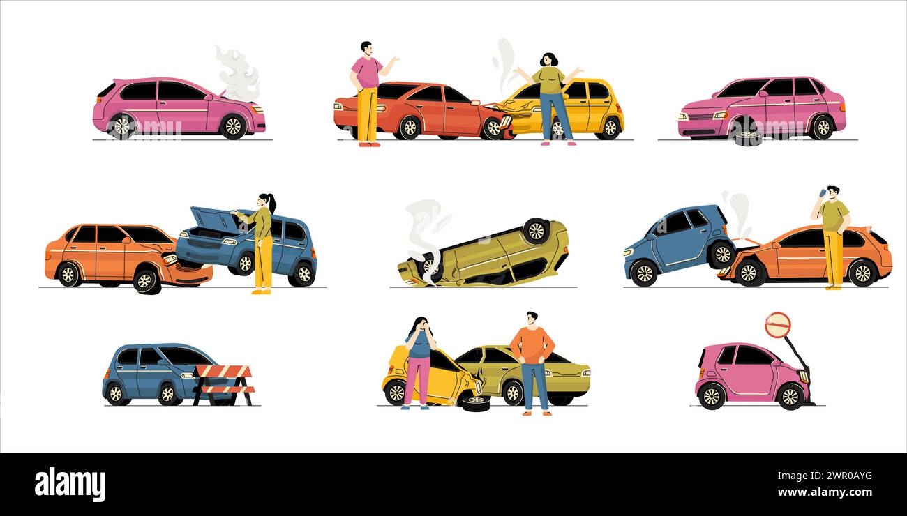 Accident de voiture de dessin animé. Naufrage cassé véhicules écrasés sur la route, accident de voiture avec des dommages et blessure du conducteur. Ensemble isolé de vecteur Illustration de Vecteur