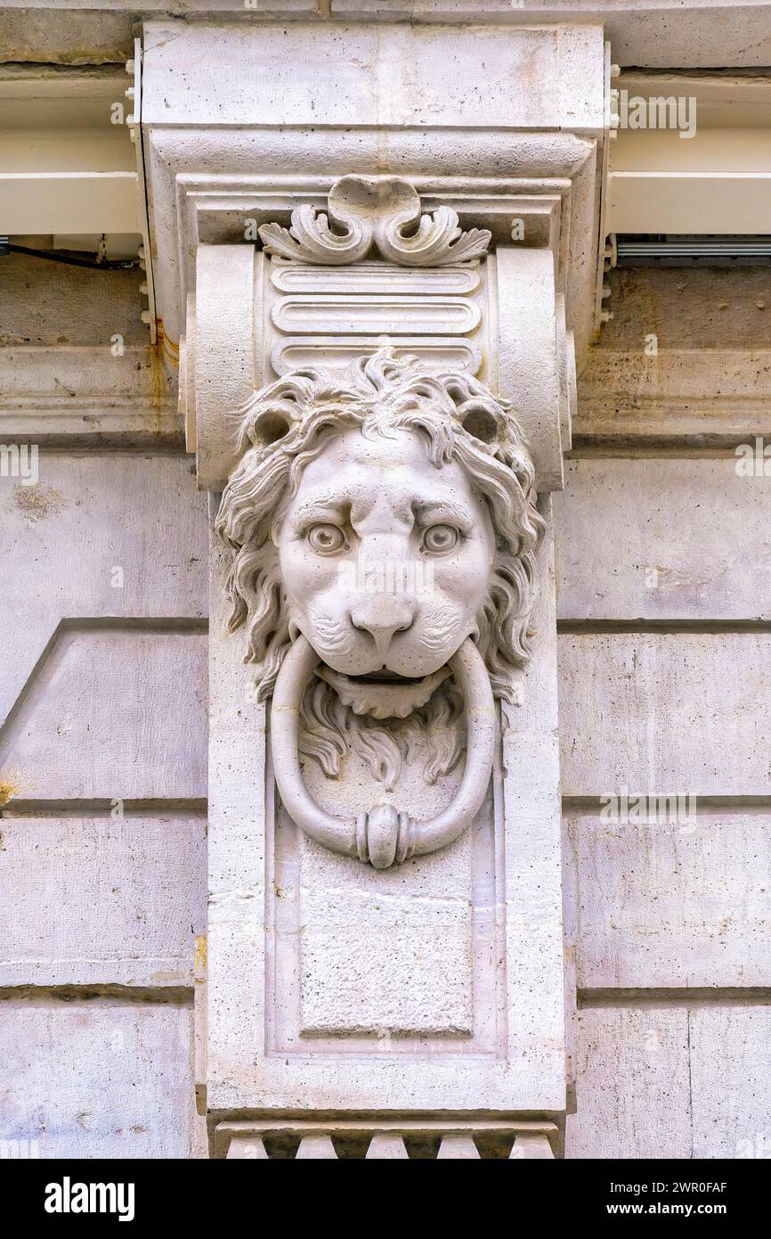 Sculpture en pierre de tête de lion, décoration dans un bâtiment ancien, Madrid, Espagne Banque D'Images