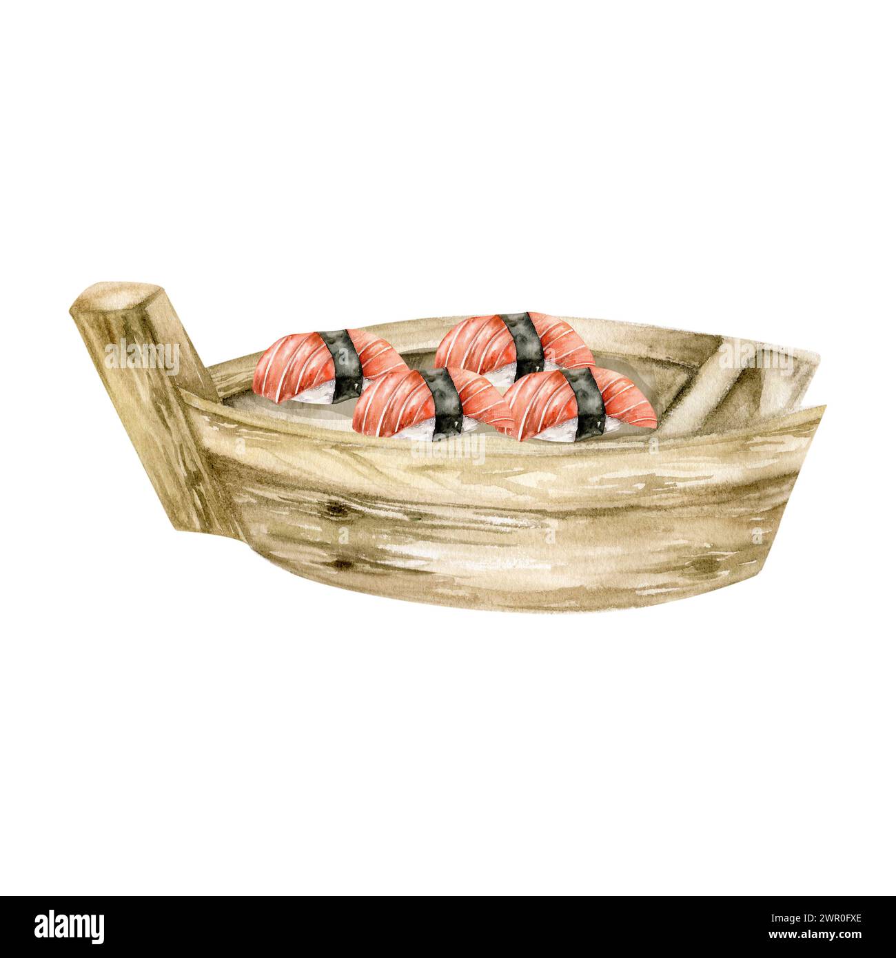 Sashimi japonais aquarelle avec saumon frais sur plaque de bateau en bois. Illustration asiatique de fruits de mer pour menu, restaurant, café, conception d'emballage de produit. Banque D'Images