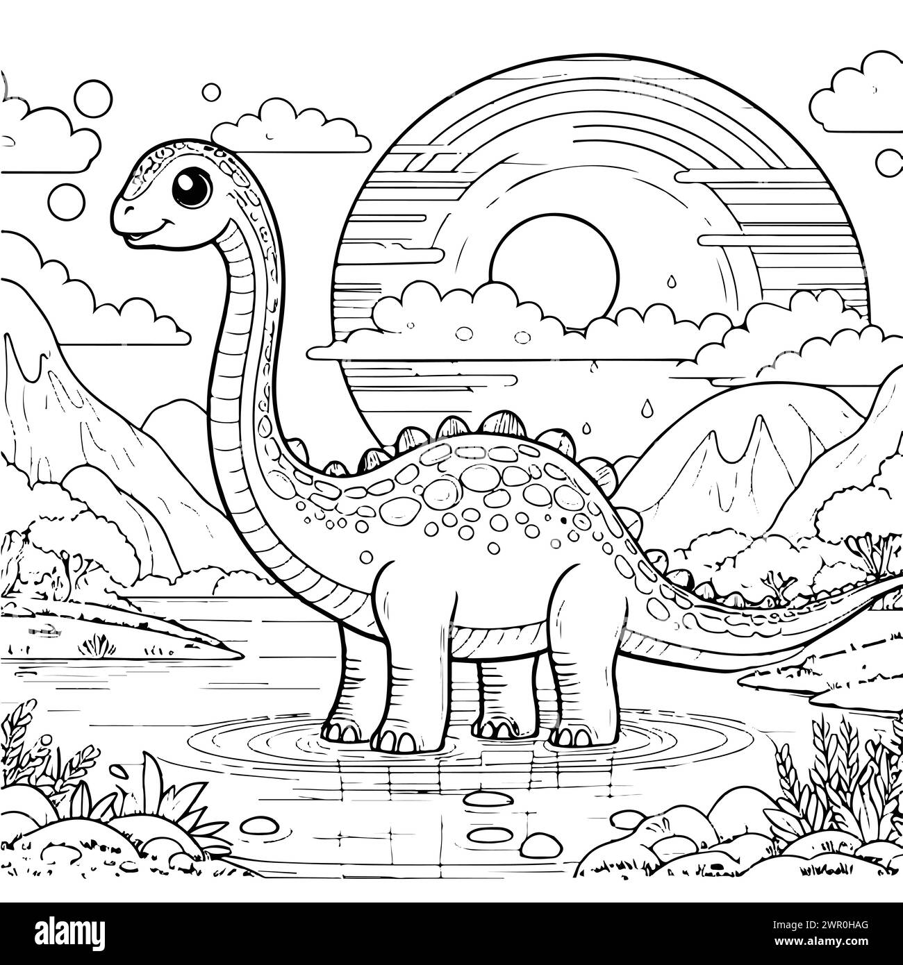 coloration dessiner brontosaurus de dinosaure avec fond arc-en-ciel et version noire et blanche heureuse bonne pour les enfants Illustration de Vecteur