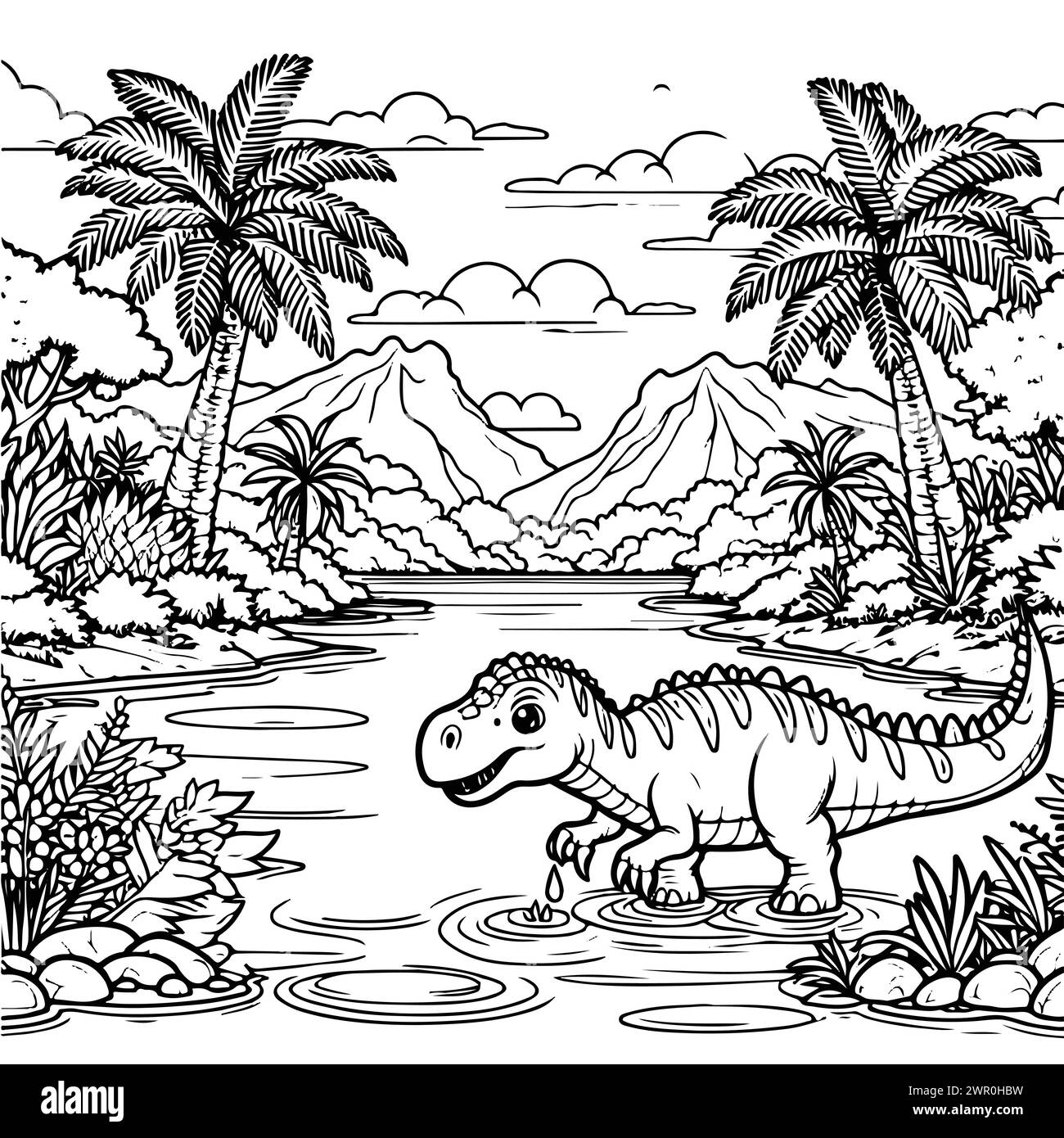 colorier dessiner dinosaure trouver de la nourriture dans le fond du lac version noir et blanc bon pour les enfants Illustration de Vecteur