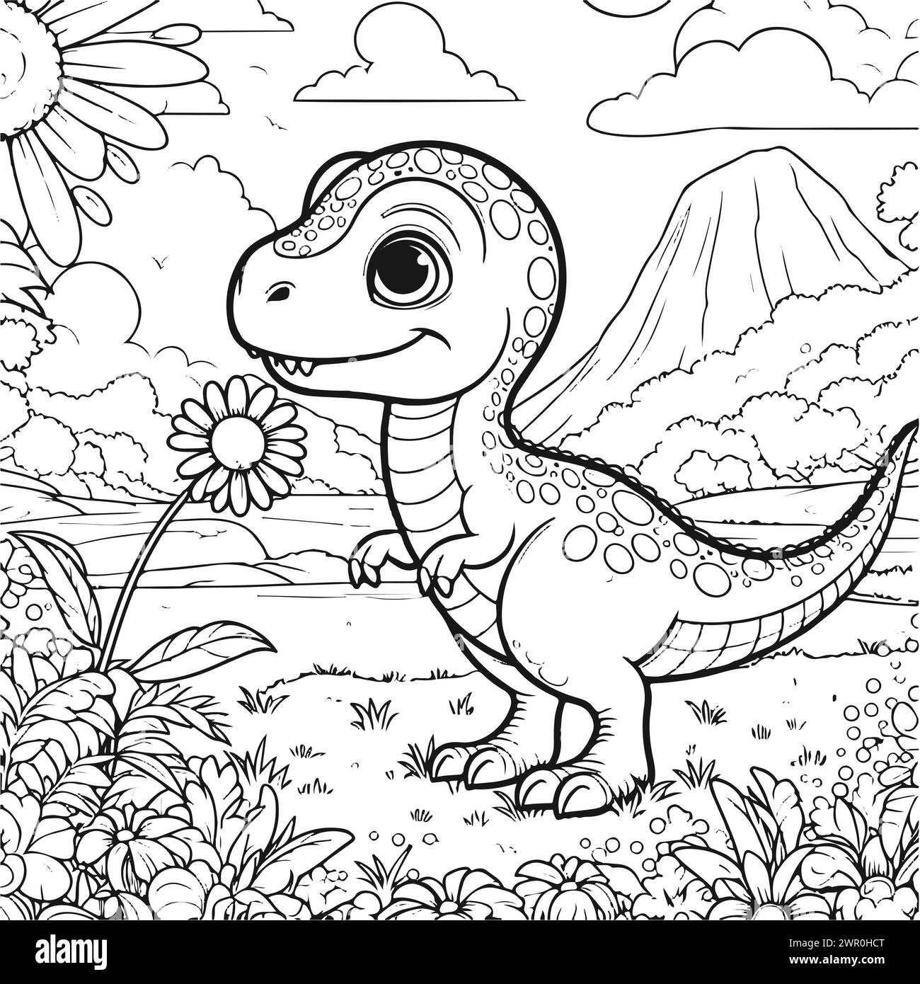 coloriage dessiner dinosaure heureux avec fleur et plante.version noire et blanche bonne pour les enfants Illustration de Vecteur