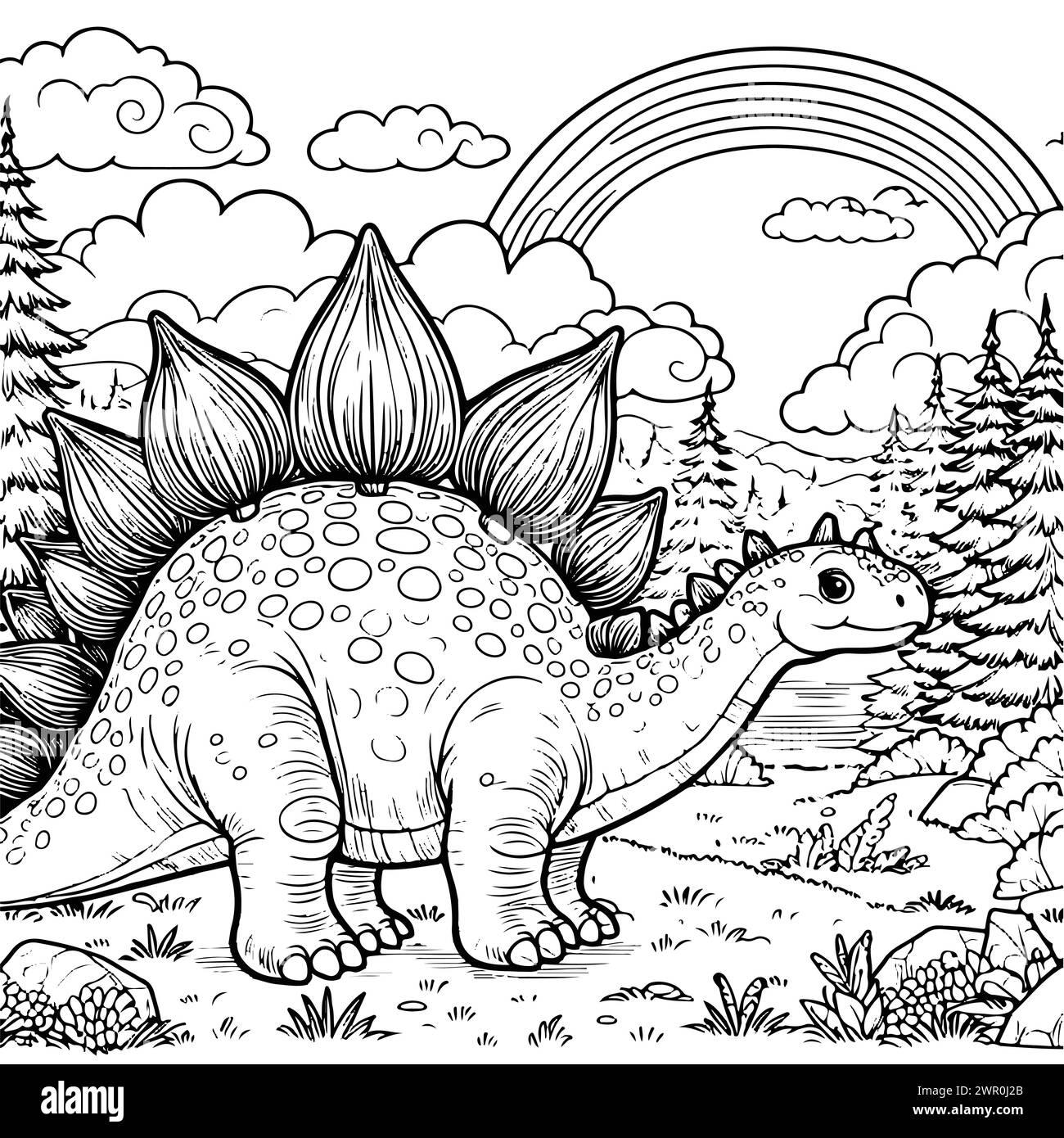 coloration dessiner dinosaure stegosaurus avec fond arc-en-ciel version noire et blanche bonne pour les enfants Illustration de Vecteur