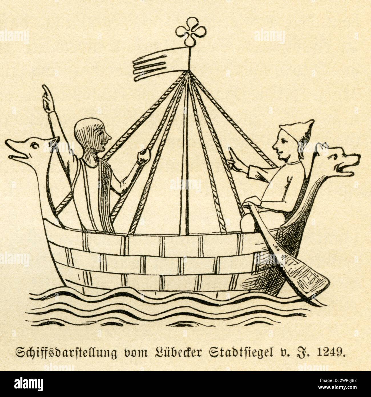 Europe, Deutschland, Schleswig-Holstein, Lübeck, Schiffsdarstellung vom Lübecker Stadtsiegel , Motiv aus : Das Buch von der Deutschen flotte, von R. Werner, Verlag von Velhagen & Klasing, Bielefeld und Leipzig, 1880 . / Europe, Allemagne, Schleswig-Holstein, Lübeck, sceau de ville avec représentation d'un navire , image de : Das Buch von der Deutschen flotte ( le livre de la marine allemande ) , par R. Werner, maison d'édition Velhagen & Klasing, Bielefeld et Leipzig , 1880 . Banque D'Images