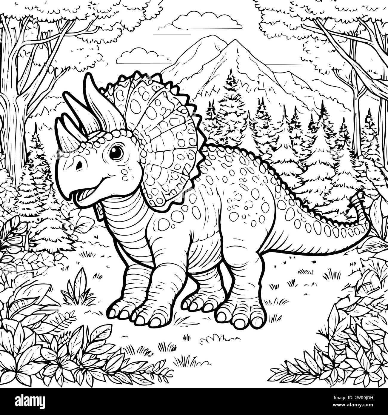 coloriage dessiner triceratop de dinosaure dans le fond de montagne de la jungle version noire et blanche bonne pour les enfants Illustration de Vecteur