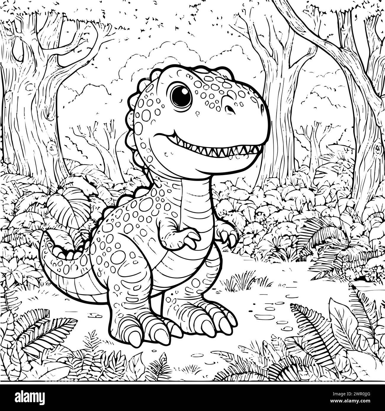 coloration dessiner dinosaure tyranosaure avec un fond de jungle. version noir et blanc bon pour les enfants et les enfants Illustration de Vecteur