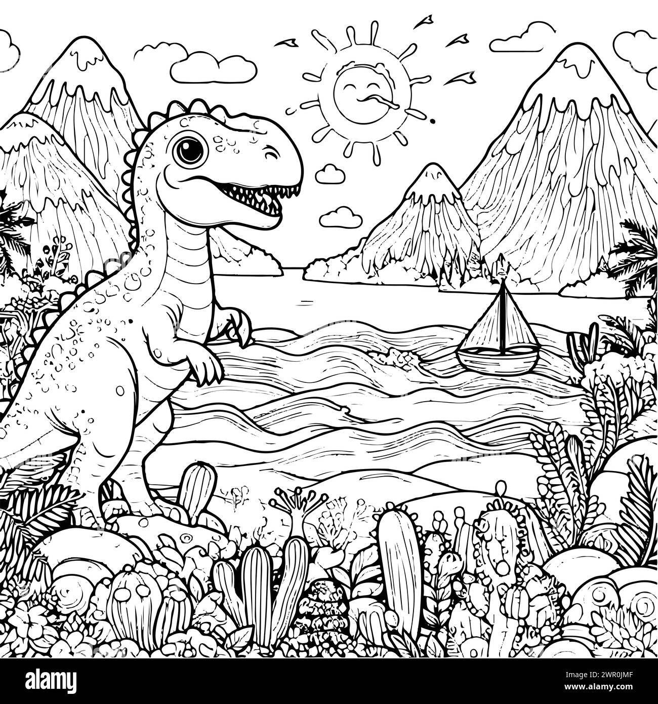 coloration dessiner dinosaure tyranosaurus avec un fond de mer et de montagne version noir et blanc bon pour les enfants Illustration de Vecteur