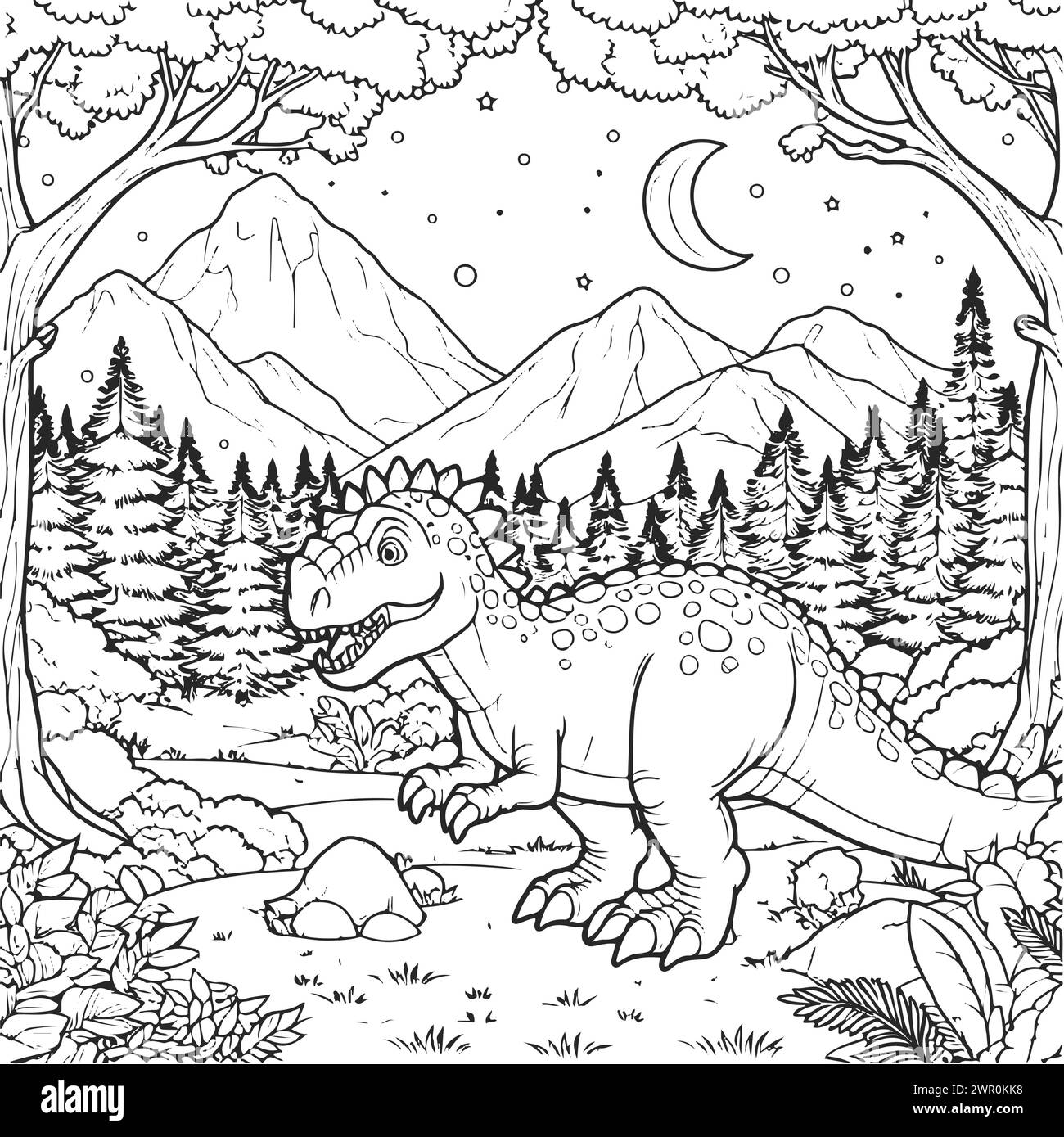 coloriage dessiner dinosaure avec un fond de demi-lune. version noir et blanc bon pour les enfants Illustration de Vecteur