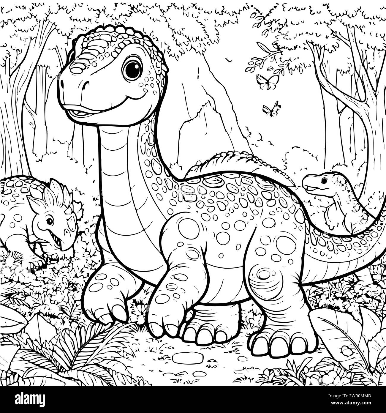 coloriage dessiner trois dinosaures dans le fond de la jungle version noir et blanc bon pour les enfants Illustration de Vecteur
