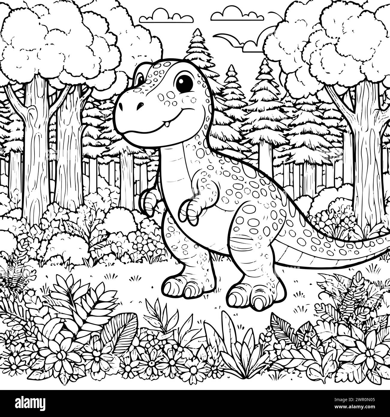 Dinosaurus heureux dans la jungle avec livre de coloriage de fleurs Illustration de Vecteur