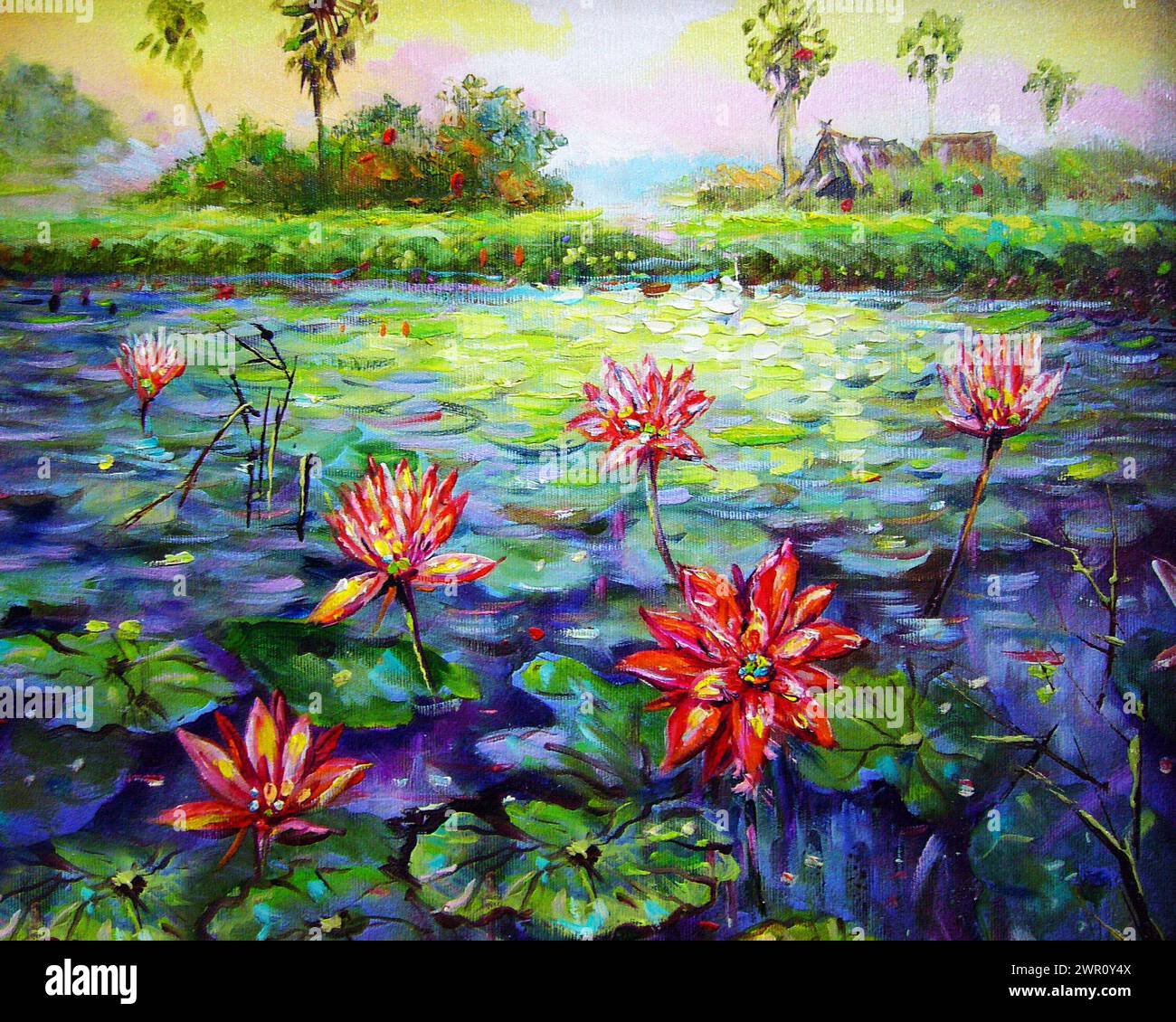 Peinture d'art à l'huile fleur de lotus et nénuphar Banque D'Images