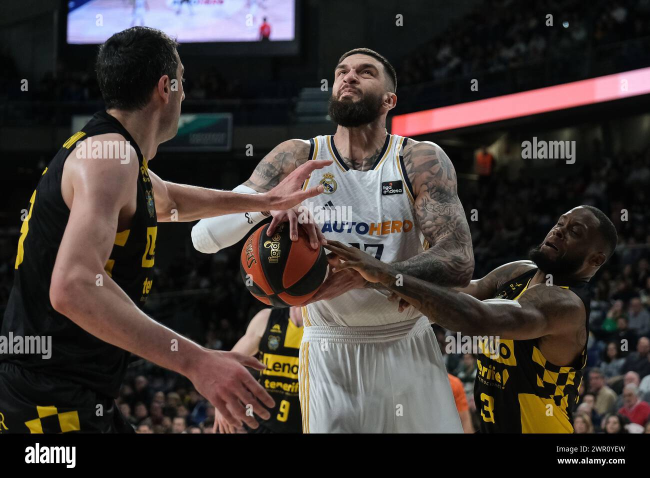 Vincent Poirier du Real Madrid en action lors du match de Liga ACB entre le Real Madrid et Lenovo Tenerife au Wizink Center le 10 mars 2024 à Madrid, Banque D'Images