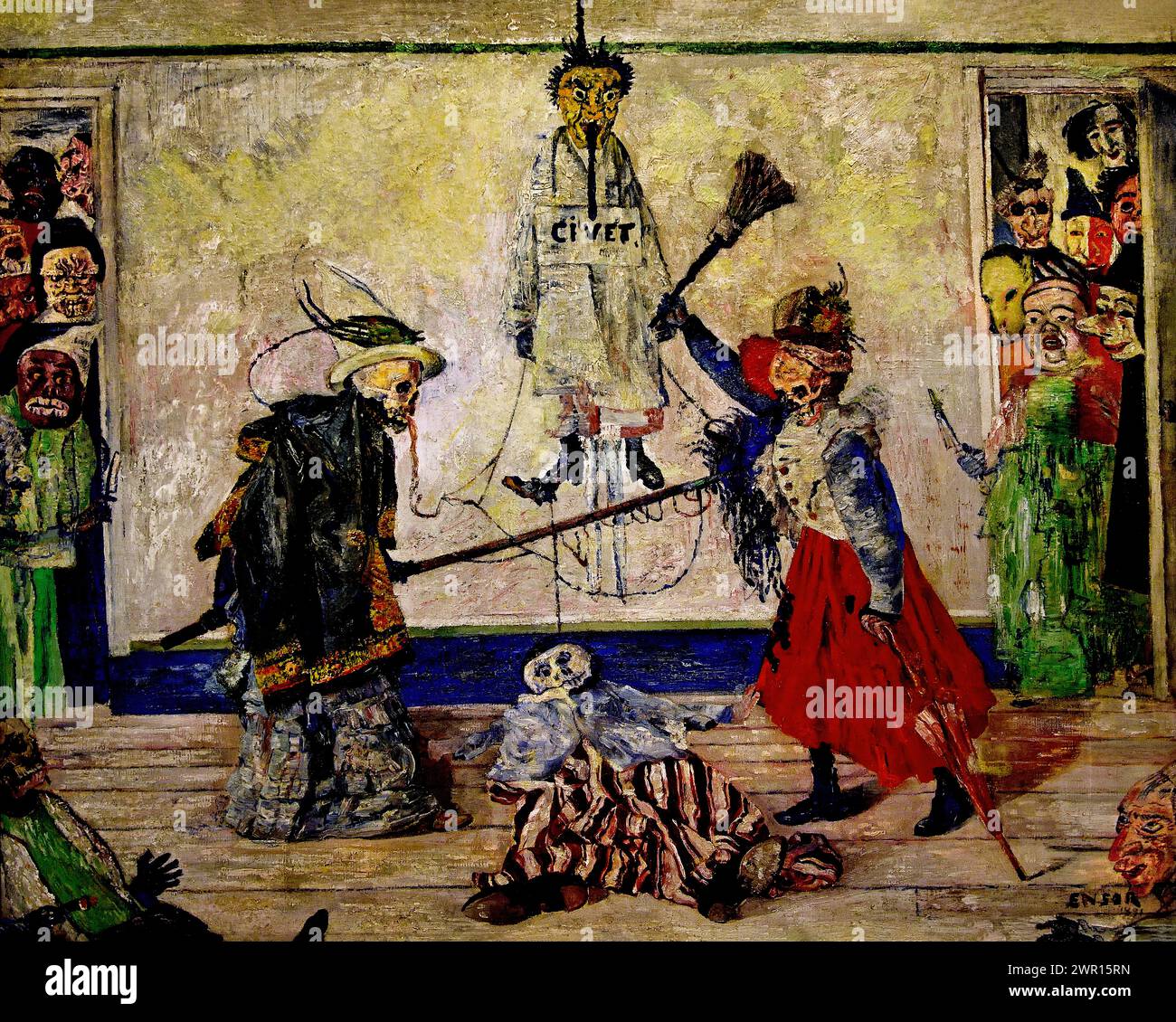 Squelettes se battant sur le corps d'un homme pendu 1891 par James Ensor 1860-1949 Musée Royal des Beaux-Arts, Anvers, Belgique, Belgique. Banque D'Images