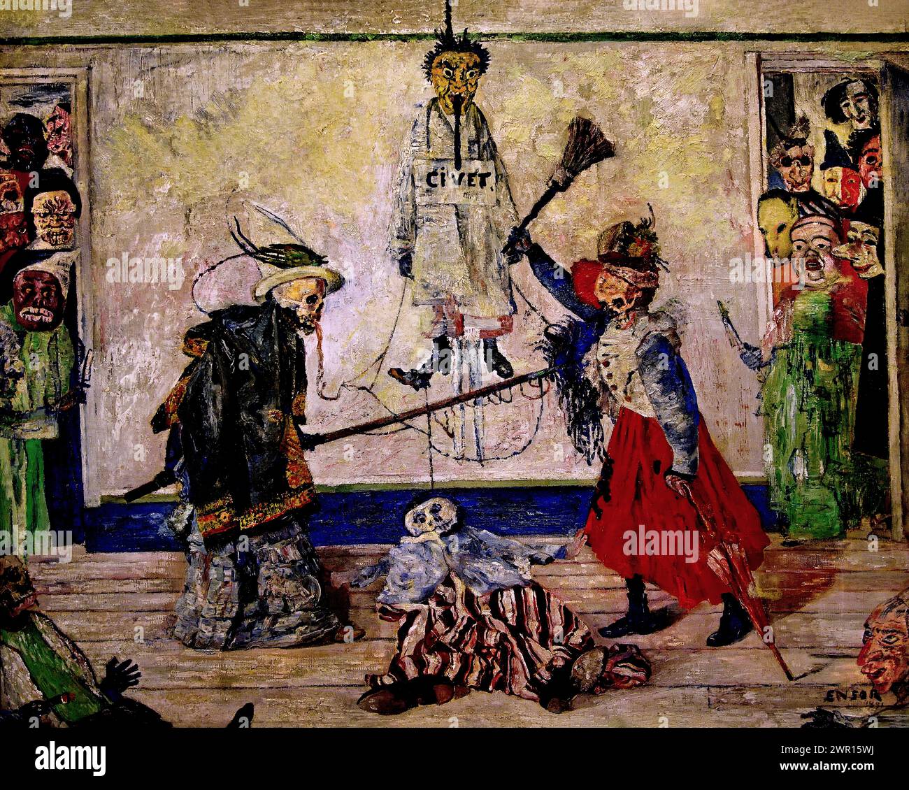 Squelettes se battant sur le corps d'un homme pendu 1891 par James Ensor 1860-1949 Musée Royal des Beaux-Arts, Anvers, Belgique, Belgique. Banque D'Images