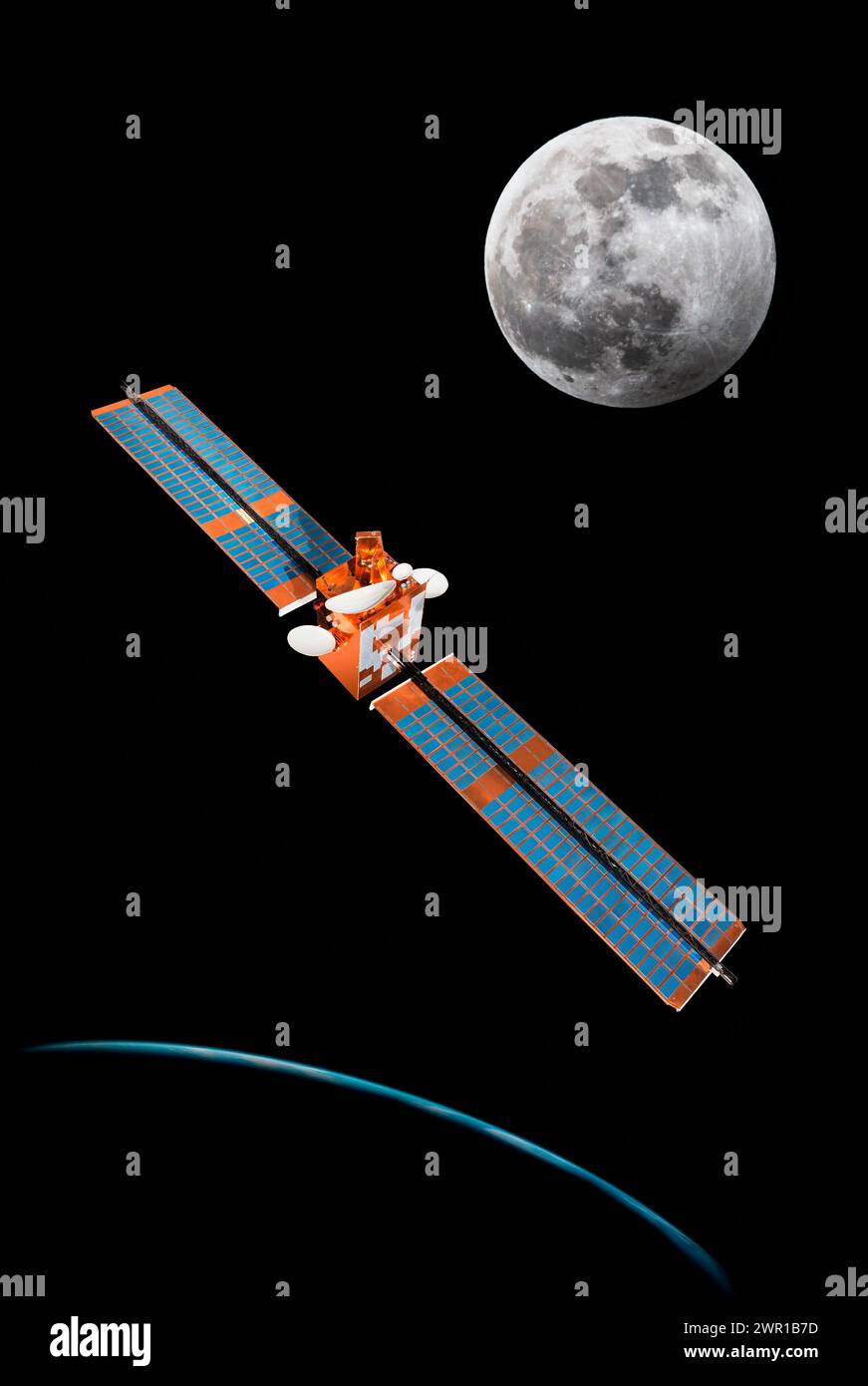 Modèle du satellite Olympus Communications dans l'espace en orbite autour de la Terre montrant l'horizon de la planète avec Wolf Moon au-dessus. Olympus construit par l'Agence spatiale européenne Banque D'Images