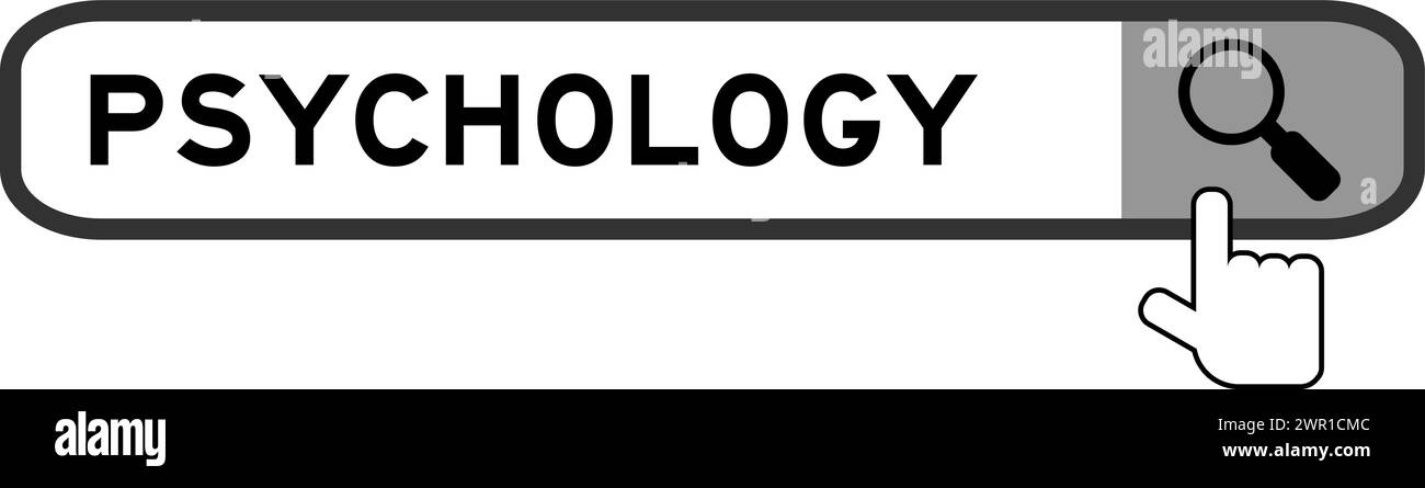 Bannière de recherche en psychologie de mot avec l'icône loupe de main sur fond blanc Illustration de Vecteur
