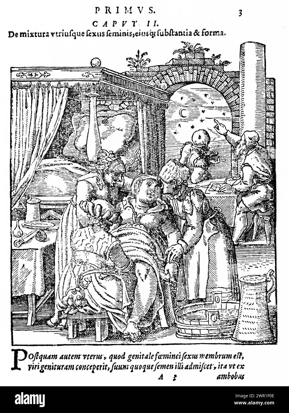 Une illustration à Jacob Rueff, 'de conceptutu et generatione hominis', 1580. Cette gravure sur bois montre une femme en travail, assise sur un tabouret de naissance, suivie par trois sages-femmes. En arrière-plan, un astrologue peut être vu créer un horoscope pour l'enfant. Banque D'Images Une illustration à Jacob Rueff, 'de conceptutu et generatione hominis', 1580. Cette gravure sur bois montre une femme en travail, assise sur un tabouret de naissance, suivie par trois sages-femmes. En arrière-plan, un astrologue peut être vu créer un horoscope pour l'enfant. Banque D'Images