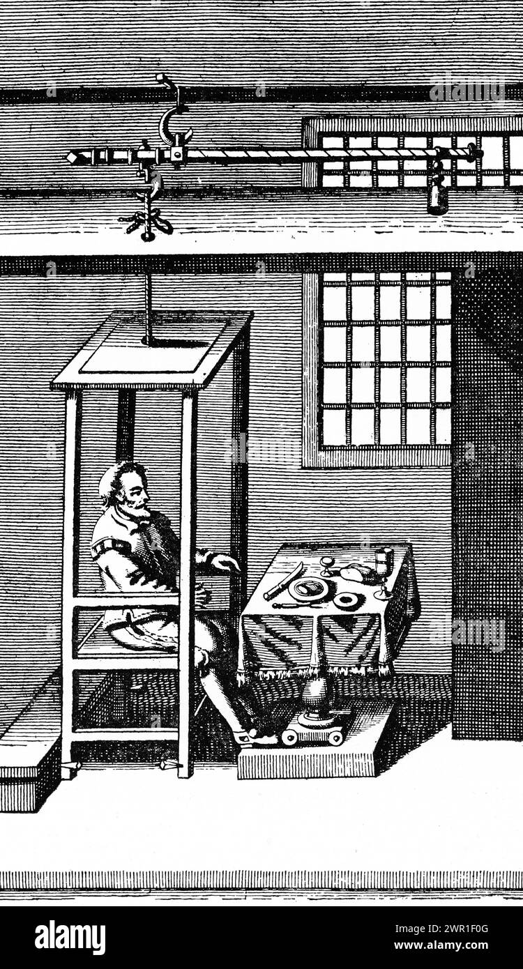 Santorio Santorio (1561-1636), assis dans sa balance, 1614. Santorio était un physiologiste, médecin et professeur italien. Il est considéré comme le père de l'expérimentation quantitative moderne en médecine. Tiré du frontispice de StatiCa Medicina, 1614. Banque D'Images