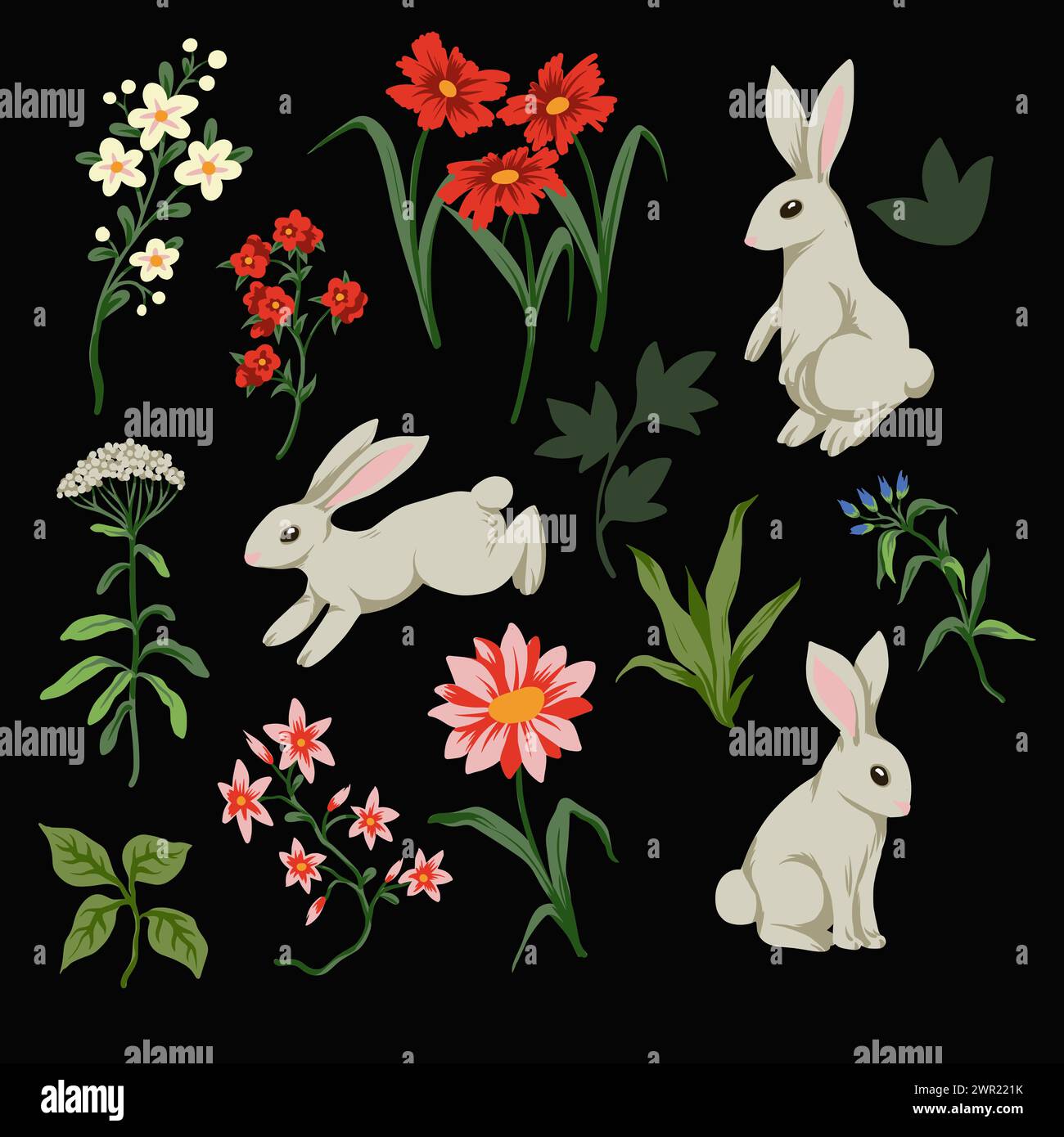 Lapins blancs mignons et fleurs isolés. Vecteur. Illustration de Vecteur