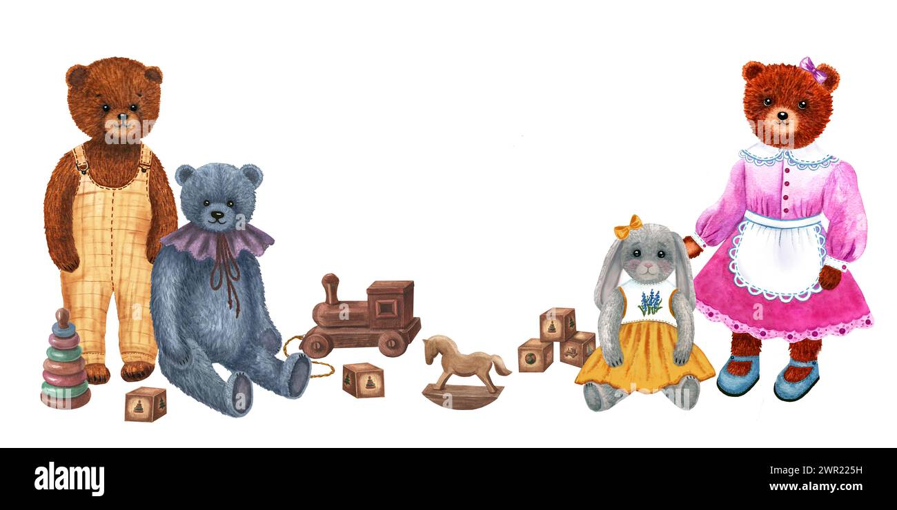 Composition d'aquarelle pour enfants. Ours en peluche et lapin avec des jouets en bois. Aquarelle illustration dessinée à la main. Bannière pour fête d'enfants. Banque D'Images