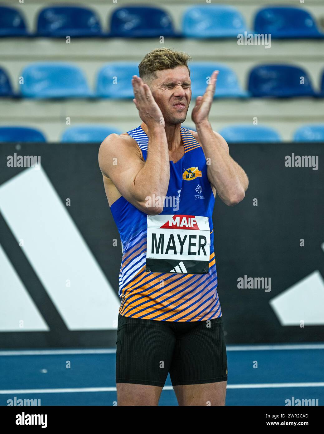 Kevin Mayer est vu lors des championnats de France d'athlétisme en salle au stade Métropole. Les championnats de France d’athlétisme en salle se tiendront les 17 et 18 février 2024 et réuniront les athlètes français dans une compétition qui pourra les aider à atteindre la qualification olympique mondiale. Banque D'Images