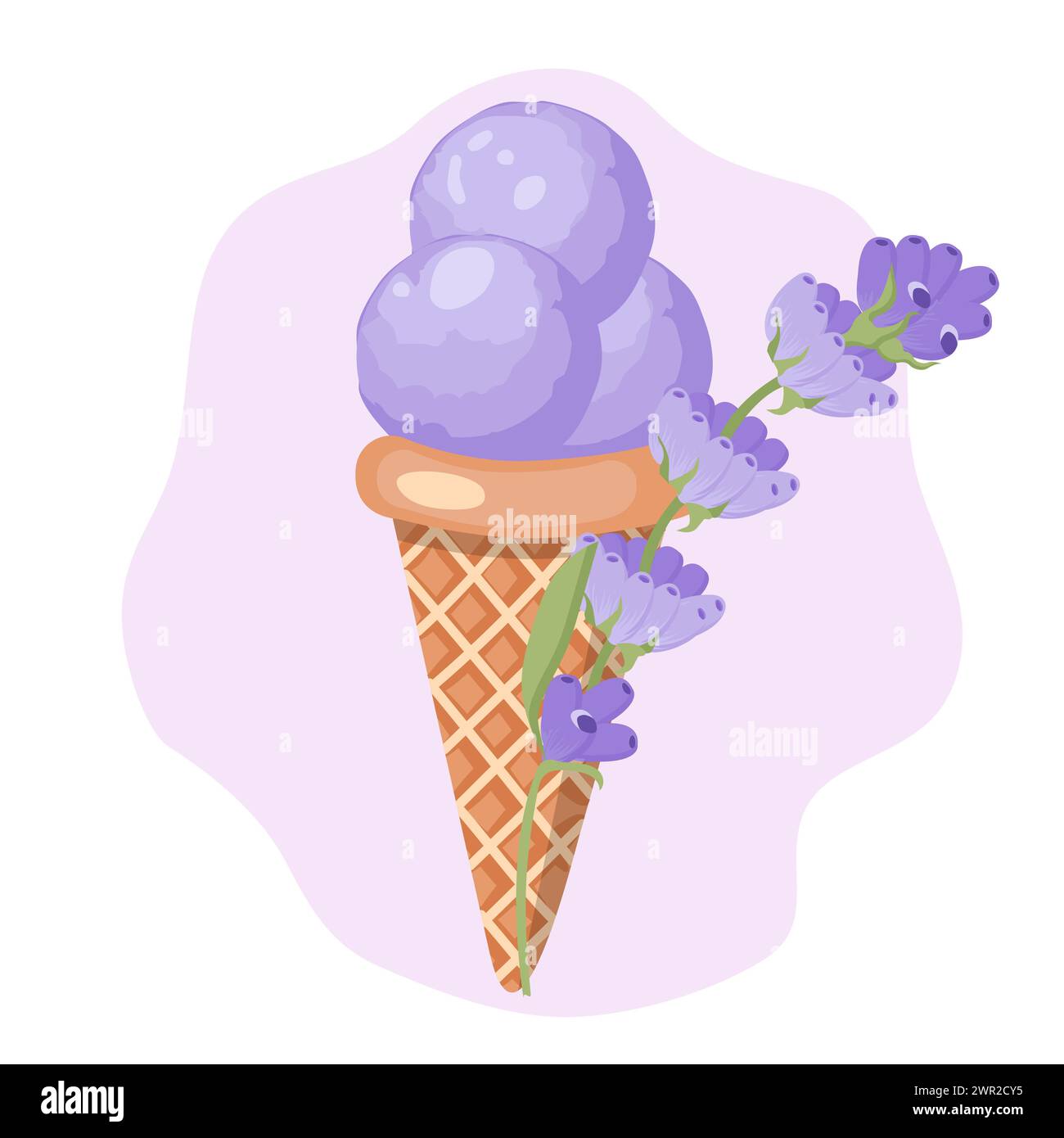 Crème glacée à la lavande. Trois boules de dessert sucré crémeux dans un cône de gaufre. Sorbet violet. Illustration vectorielle sur fond blanc. Illustration de Vecteur Crème glacée à la lavande. Trois boules de dessert sucré crémeux dans un cône de gaufre. Sorbet violet. Illustration vectorielle sur fond blanc. Illustration de Vecteur