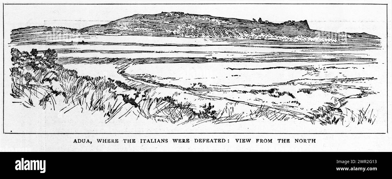 Gravure du champ de bataille d'Adwa où les forces italiennes ont été vaincues en Abyssinie, vers 1896. La bataille d'Adwa est la bataille de la première guerre italo-éthiopienne. Les forces éthiopiennes ont vaincu la force d'invasion italienne le dimanche 1er mars 1896, près de la ville d'Adwa, mettant fin aux plans italiens de domination du pays. Banque D'Images