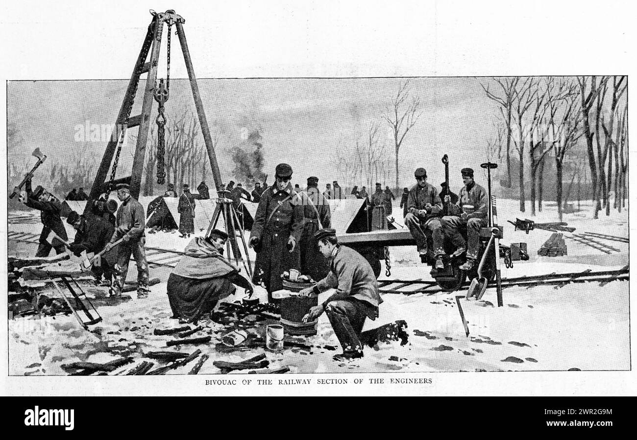 Demi-teinte générique des ingénieurs ferroviaires au travail pendant un hiver en Europe, vers 1896 Banque D'Images