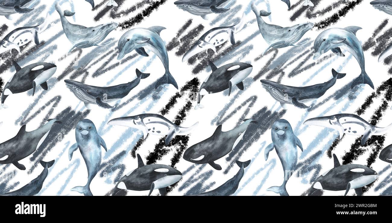 Motif sans couture des baleines. Texture répétitive avec des mammifères marins. Illustration à l'aquarelle. Dauphin, épaulards, baleine à bosse. Dessiné à la main isolé sur Banque D'Images