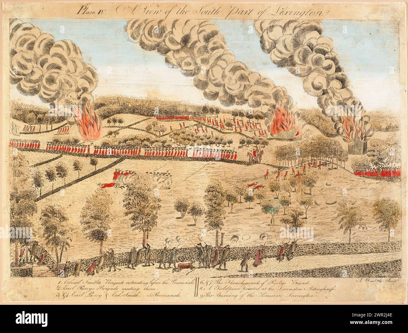 Impressions américaines historiques vintage : 'a View of the South part of Lexington'. Amos Doolittle, 1775 ans, représentant la bataille de Lexington, événement qui a marqué le début de la guerre d'indépendance américaine Banque D'Images