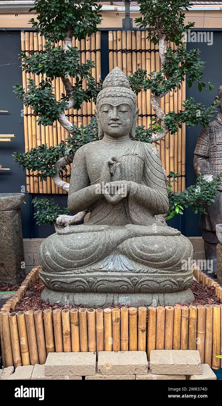 Figure de Bouddha en pierre assis dans un jardin intérieur avec un fond d'arbres orientaux et de bambou Banque D'Images