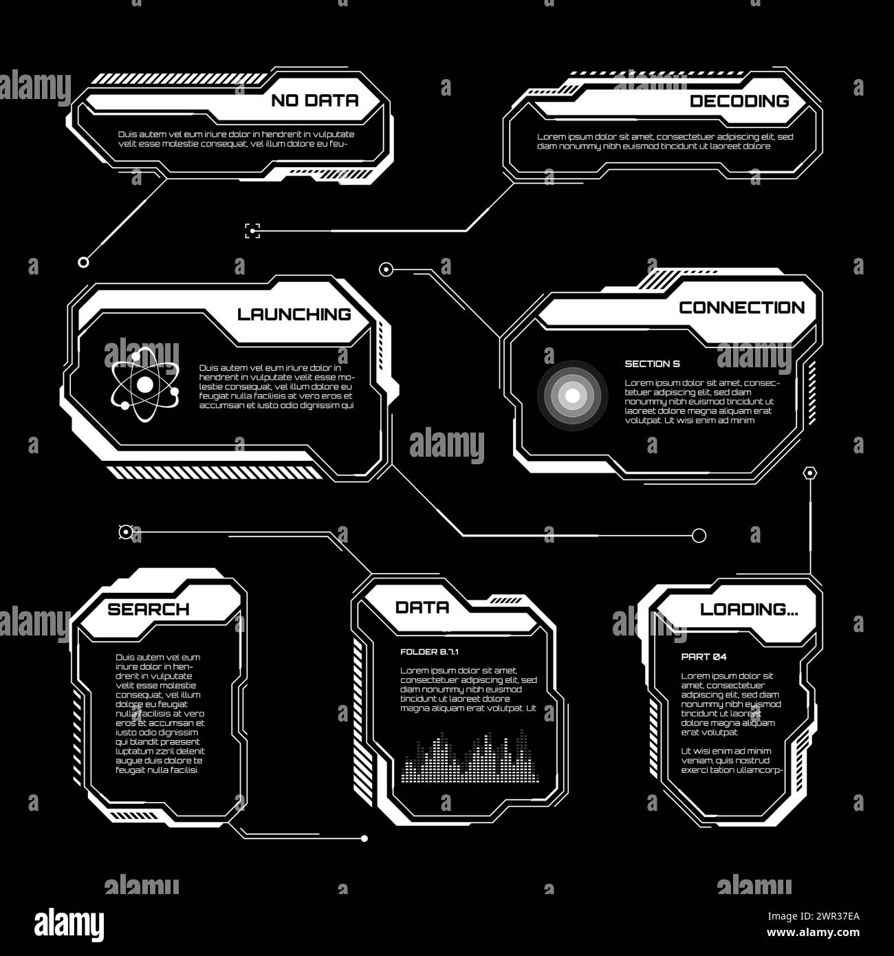 HUD futuriste blanc, éléments UI. Zones de texte et légendes de l'interface utilisateur SCI-fi. Cadres de message d'avertissement, modèle de boîtes d'information. Jeu moderne Illustration de Vecteur