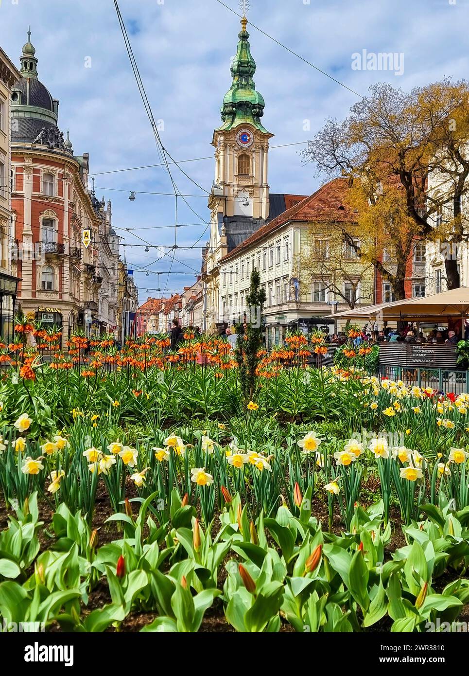 Graz, Autriche, 26.03.2023 : fleurs de printemps colorées sur la place Jakominiplatz et l'église paroissiale en arrière-plan, célèbre attraction dans la ville de Banque D'Images