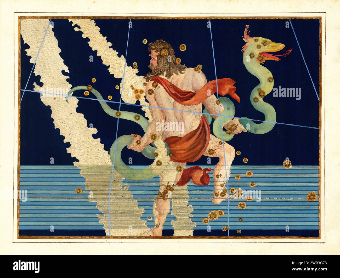 Ophiuchus (Serpentarius)- Johann Bayer, gravure vintage, 1624. Carte céleste de Constellation avec les étoiles de l'Uranometria de Bayer The Print présente une représentation d'un homme saisissant un serpent. Banque D'Images