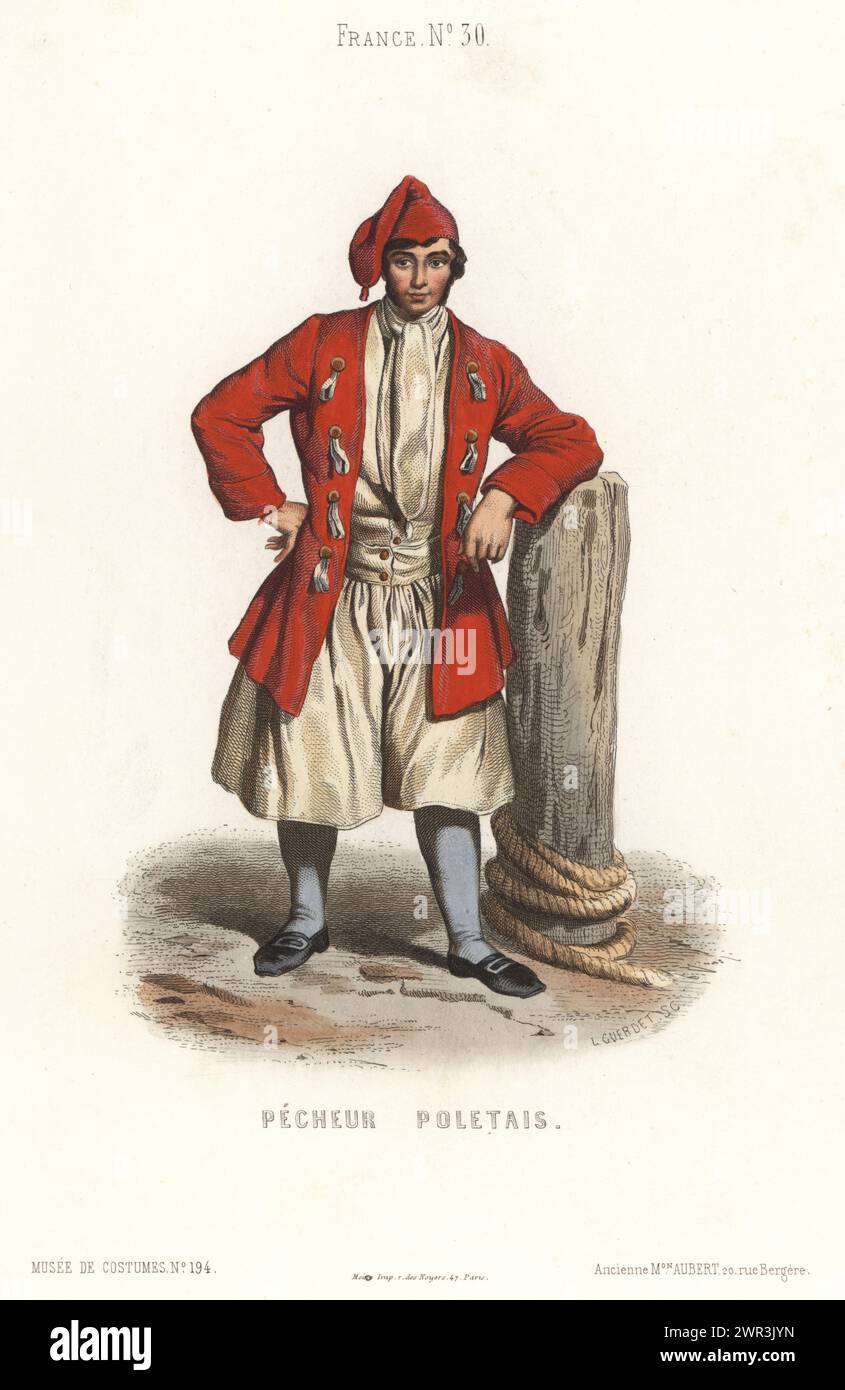 Pêcheur du Pollet, Dieppe, Normandie, Nord de la France. En bonnet rouge, manteau rouge, gilet et culottes larges, chaussures à boucle, appuyé sur une borne d'amarrage. Pecheur Poletais. Gravure sur acier colorée à la main par Laurent Guerdet du Musée Cosmopolite, Musée de costumes, Musée Cosmopolitan, éditée par ancienne maison Aubert, Paris, 1850. Banque D'Images