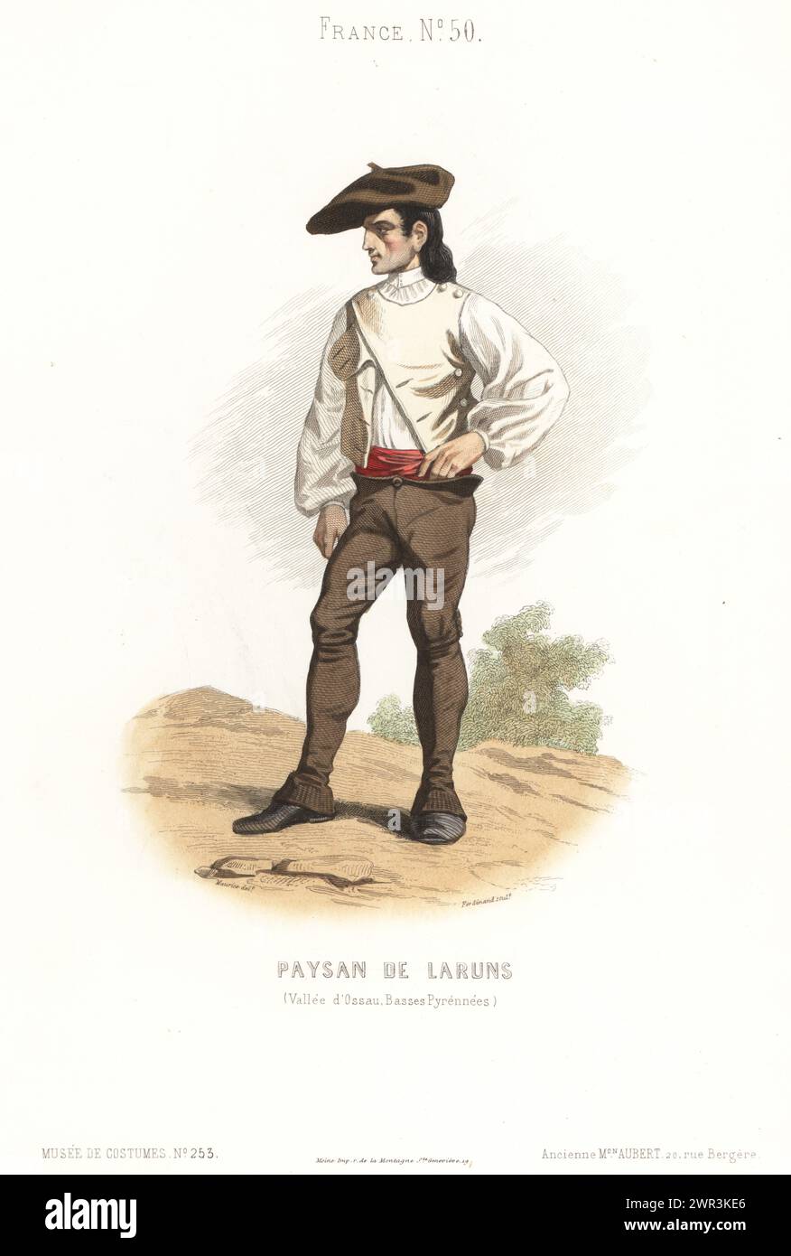 Paysan de Laruns, Vallée d'Ossau, Pyrénées françaises. En grand béret, gilet en plastron, chemise, ceinture écharpe, pantalons et guêtres. Paysan de Laruns, Vallée d'Ossau, basses Pyrénées. Gravure sur acier colorée à la main par Ferdinand d'après une illustration de C. Maurice du Musée Cosmopolite, Musée de costumes, Musée Cosmopolitan, édité par l'ancienne maison Aubert, Paris, 1850. Banque D'Images Paysan de Laruns, Vallée d'Ossau, Pyrénées françaises. En grand béret, gilet en plastron, chemise, ceinture écharpe, pantalons et guêtres. Paysan de Laruns, Vallée d'Ossau, basses Pyrénées. Gravure sur acier colorée à la main par Ferdinand d'après une illustration de C. Maurice du Musée Cosmopolite, Musée de costumes, Musée Cosmopolitan, édité par l'ancienne maison Aubert, Paris, 1850. Banque D'Images
