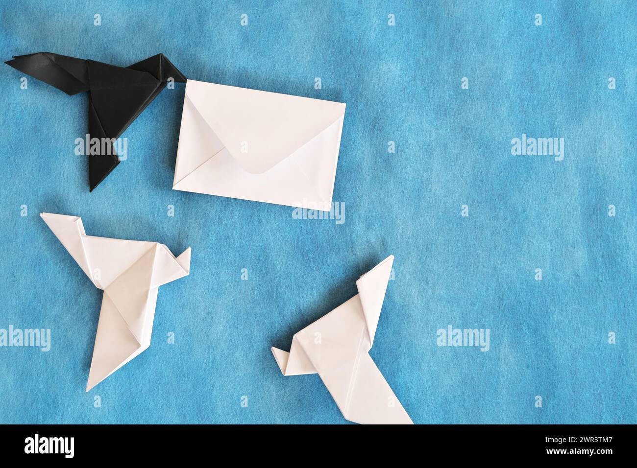Origami en papier de corbeau noir volant une lettre d'enveloppe blanche de colombe blanche. Vol de données et concept de colis perdu. Banque D'Images