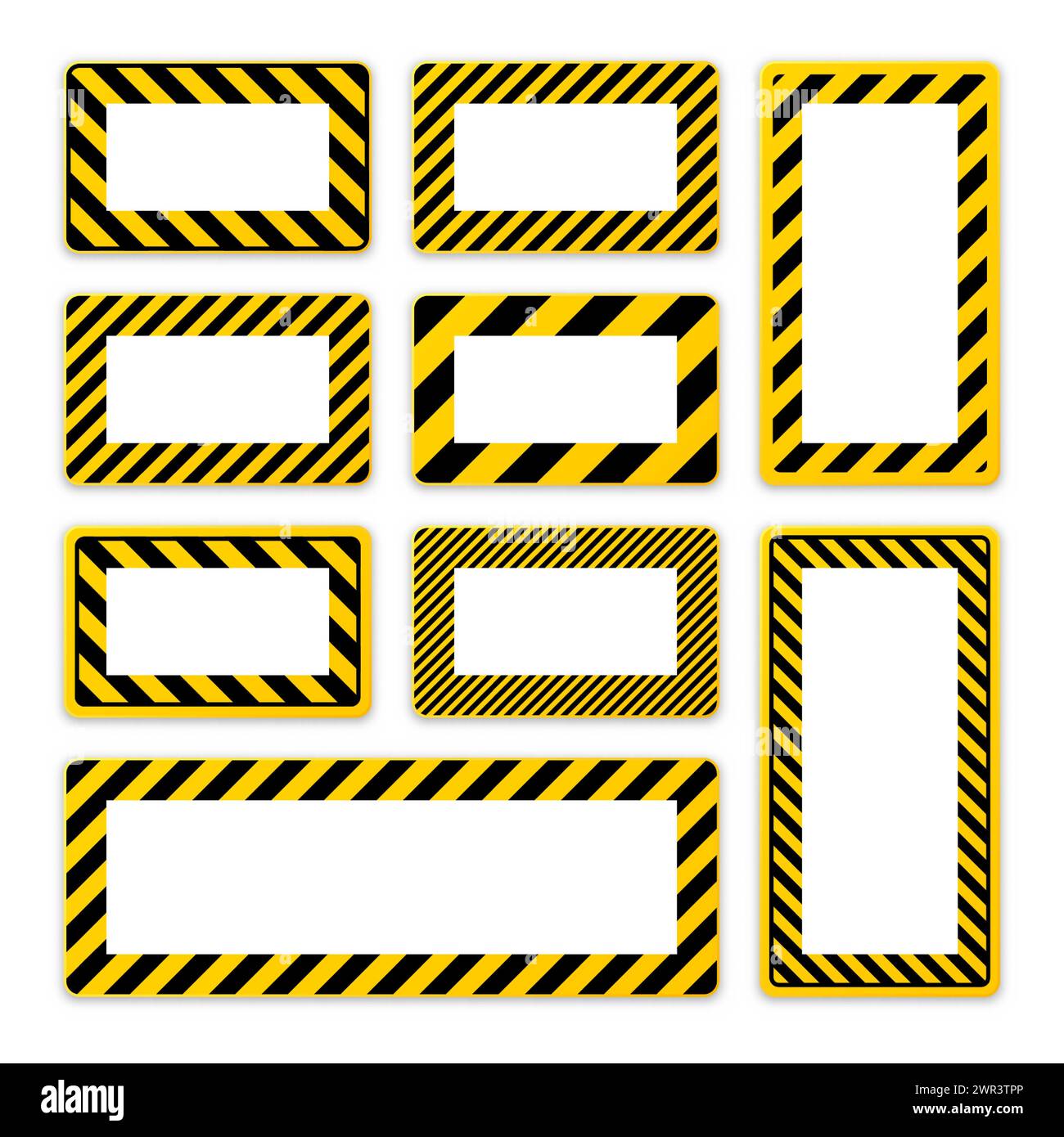 Divers panneaux d'avertissement vierges avec des lignes diagonales. Panneau rouge attention, danger ou attention, signalisation du chantier de construction. Panneau d'avis réaliste, avertissement Illustration de Vecteur